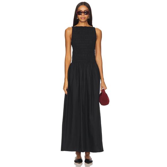 Faithfull the Brand Margot Black Sleeveless Smocked Poplin High Neck Maxi Dress - Picture 1 of 12